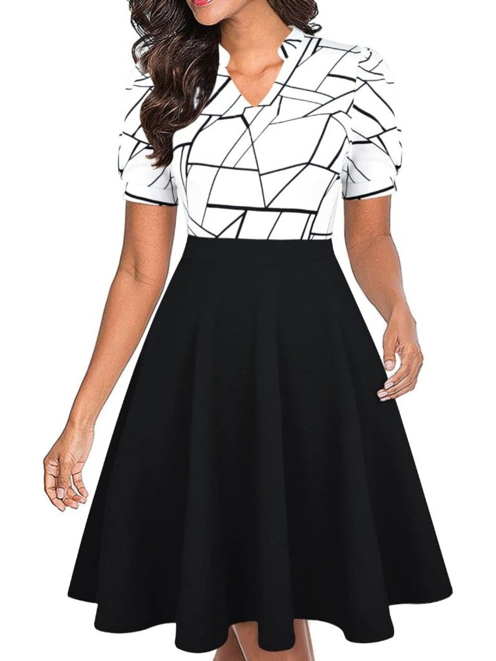 Women's Black White Fit & Flare Midi Dress Puff Sleeve with Pockets